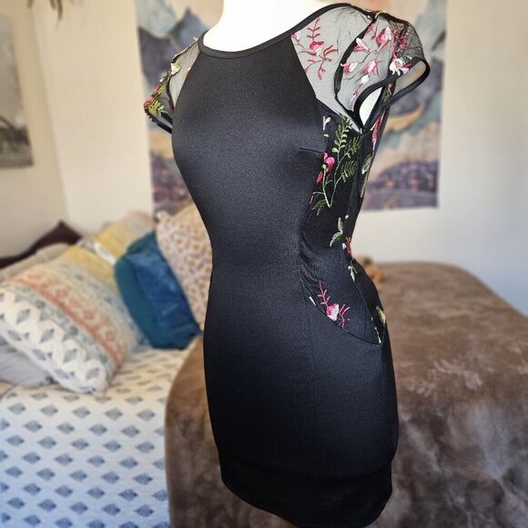 BCX Black Floral Bodycon Mini Dress - Size 5 Short Sleeve Party/Clubwear - Picture 7 of 13